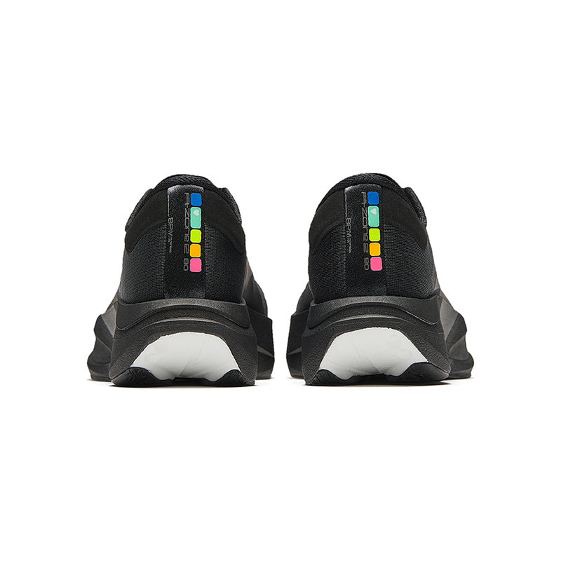 Pair of ANTA C202 LSD Zone 2 N90 Black Iron running shoes, rear view showing the heels and multicolour branding.