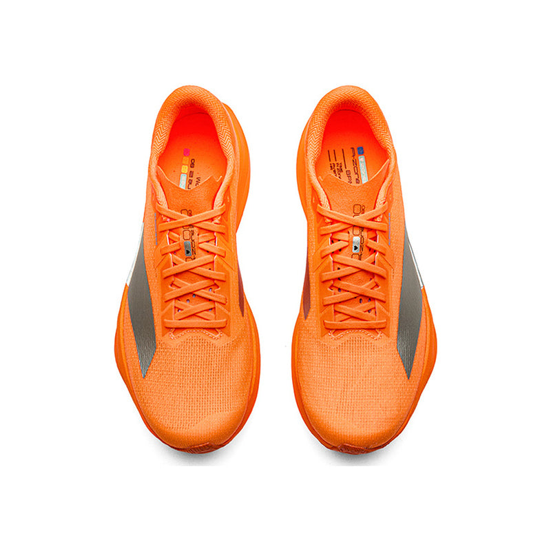 Pair of ANTA C202 LSD Zone 2 N90 Orange running shoes, top view showing the orange laces and insoles.