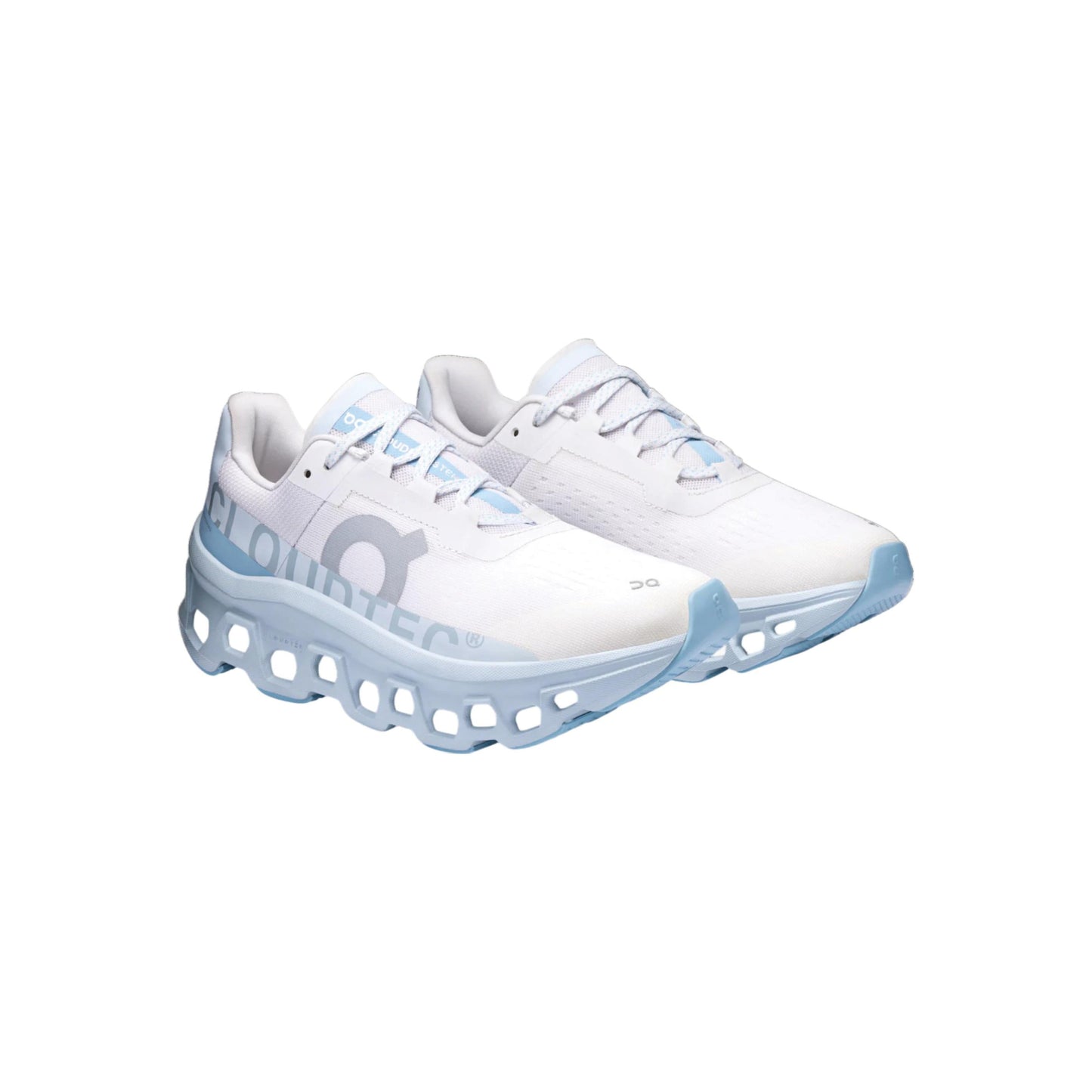 On Cloudmonster Frost Wash women’s running shoes, angled pair view