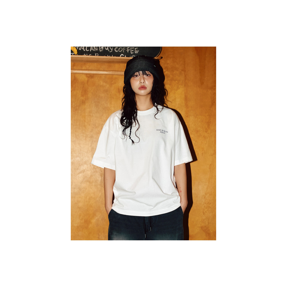 ADLV Basic Logo short-sleeve T-shirt in White worn by a model, closer front view