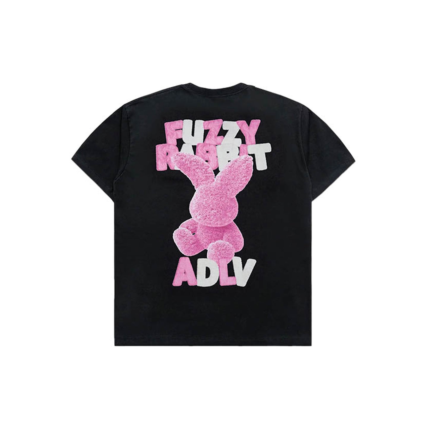 ADLV Fuzzy Font Rabbit short-sleeve T-shirt in black with large pink rabbit graphic, back view
