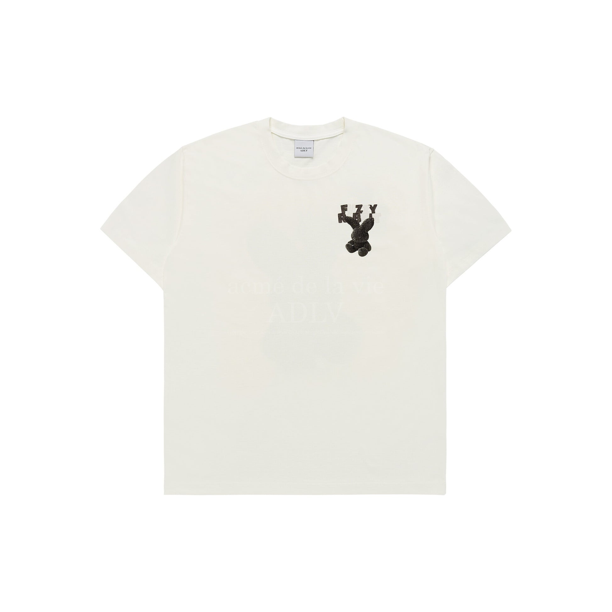 ADLV Fuzzy Font Rabbit short-sleeve T-shirt in cream with small black rabbit graphic, front view