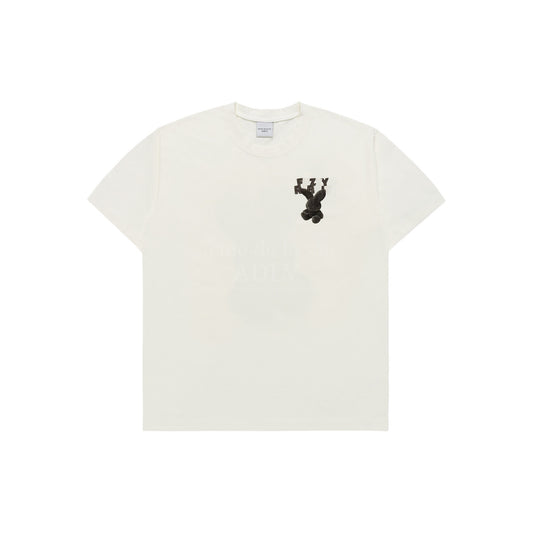 ADLV Fuzzy Font Rabbit short-sleeve T-shirt in cream with small black rabbit graphic, front view