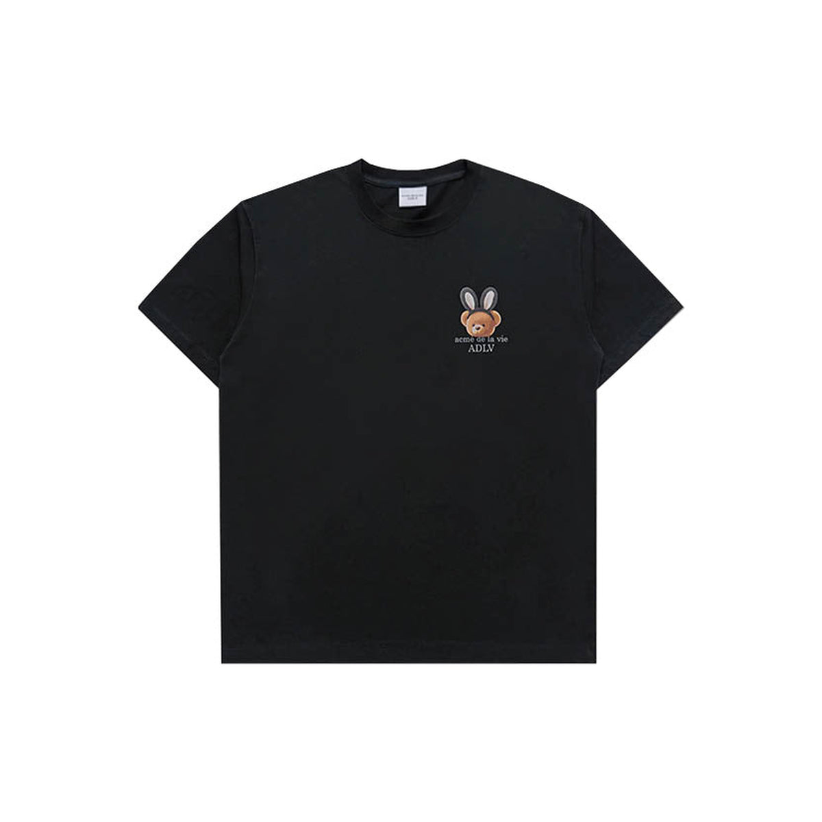 ADLV Rabbit Bear short-sleeve T-shirt in black with rabbit-ear bear graphic, front view