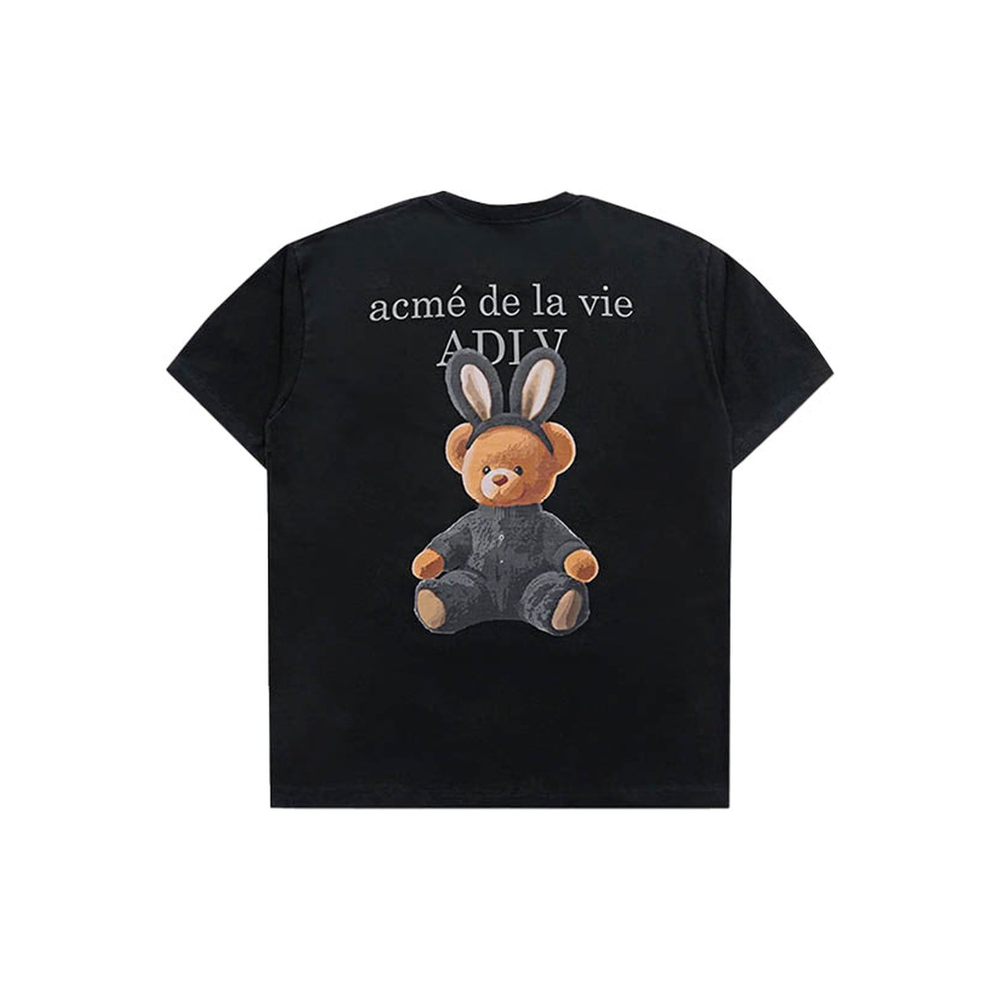 ADLV Rabbit Bear short-sleeve T-shirt in black with rabbit-ear bear graphic, back view