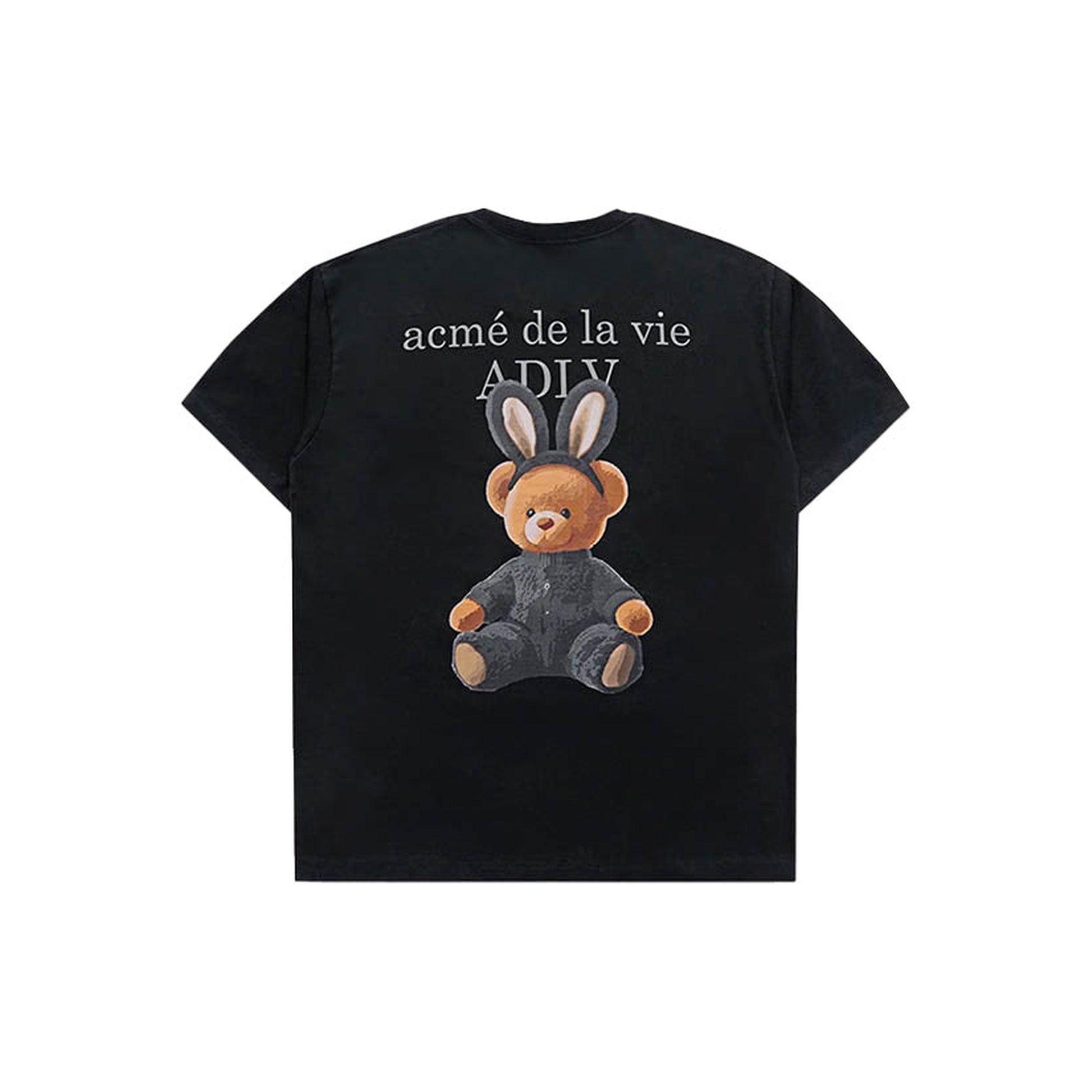 ADLV Rabbit Bear short-sleeve T-shirt in black with rabbit-ear bear graphic, back view