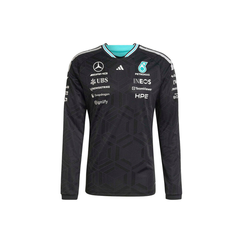 adidas black long-sleeve Mercedes Petronas Formula 1 racing jersey with white sponsor logos and a light blue inner collar, displayed on a clean white background.