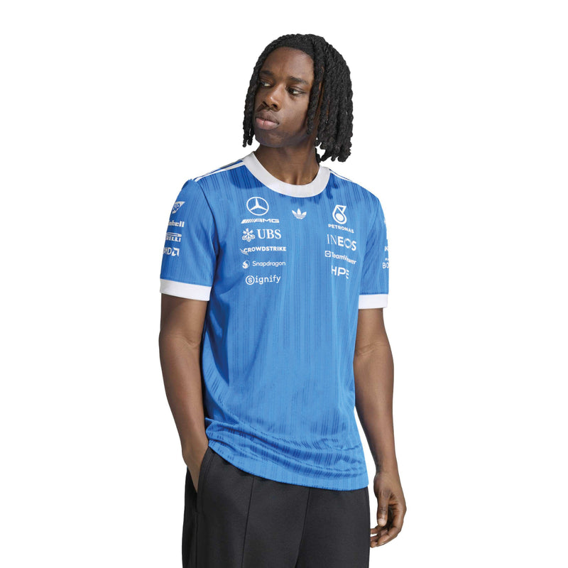 adidas Mercedes-AMG Petronas Blue Wonder Authentic Driver Jersey in Blue Bird and White, model view