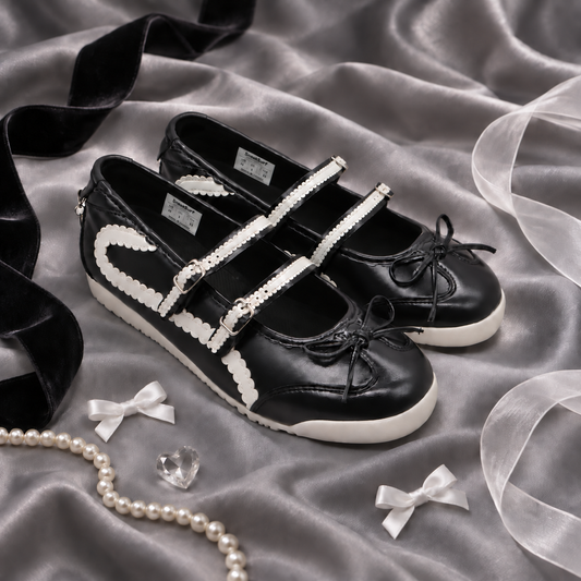 SneakSurf Mary Jane in Black White/Cream styled pair on fabric