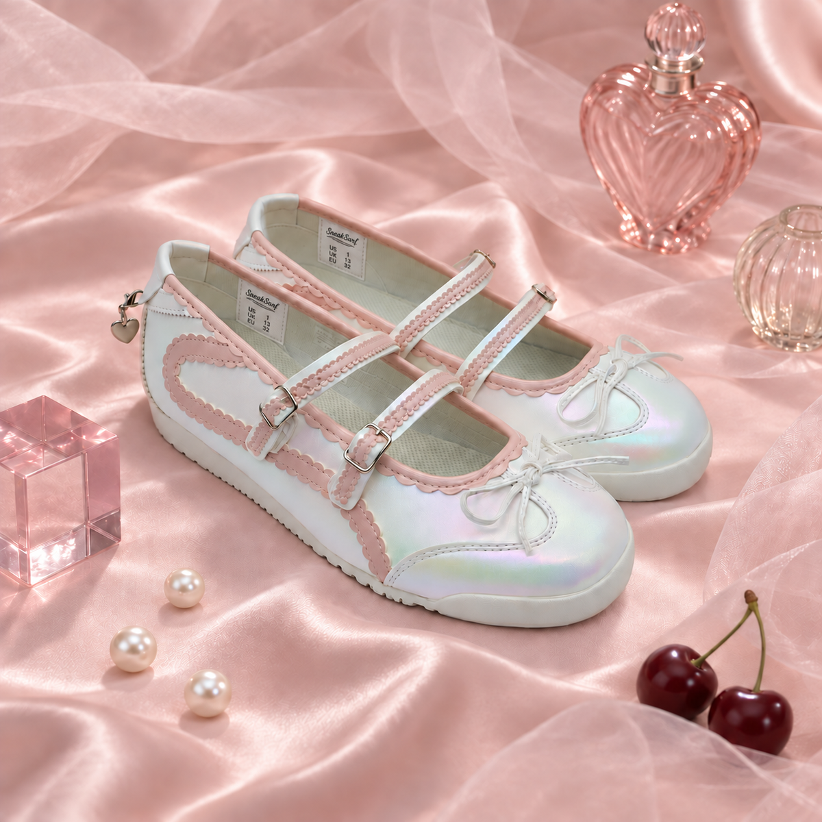 SneakSurf Mary Jane in Cloud White/Pink styled pair on fabric