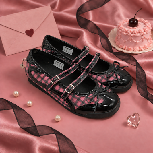SneakSurf Mary Jane in Pink Plaid/Black styled pair on fabric