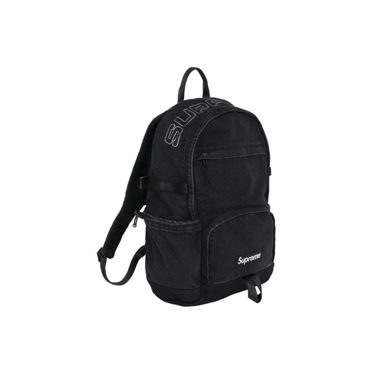 Supreme Denim Backpack 'Black' front three-quarter view