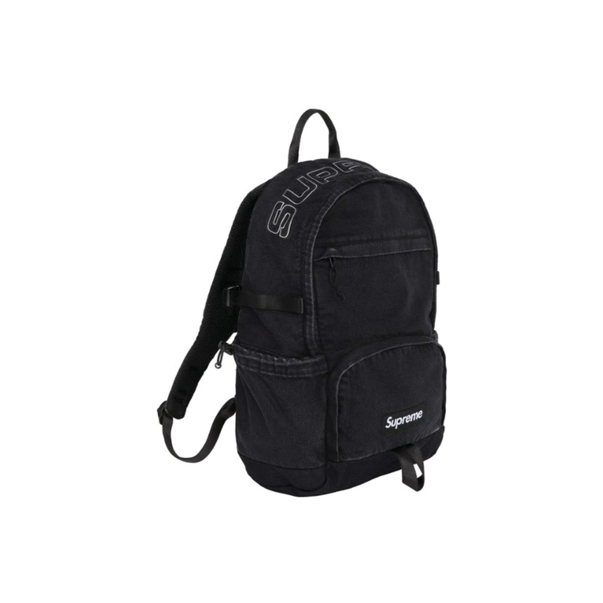 Supreme Denim Backpack 'Black' front three-quarter view