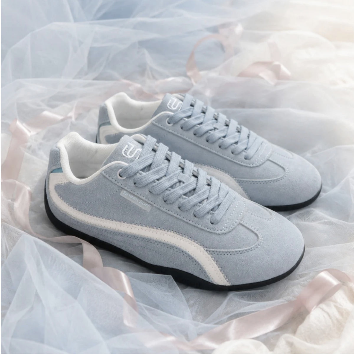 SneakSurf Racer in Sky Blue/Light Blue styled pair on fabric