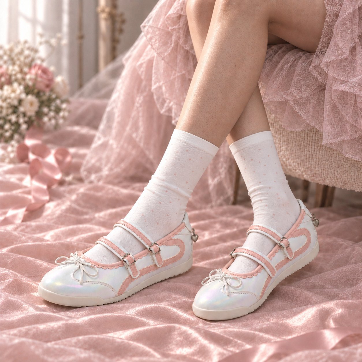 SneakSurf Mary Jane Cloud White Pink styled on foot